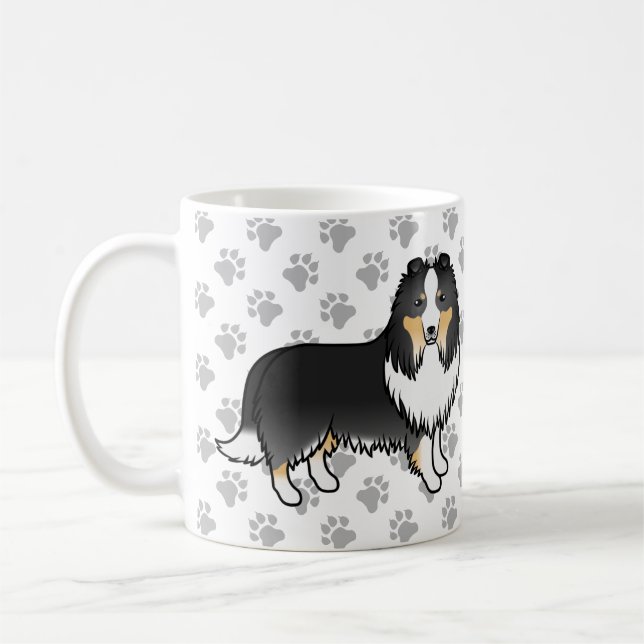 Tricolor Shetland Sheepdog Tecknad Hund & Klor Kaffemugg (Vänster)