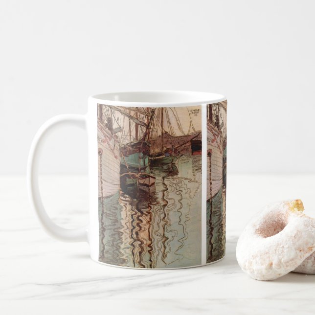 Triestes hamn av Egon Schiele, Vintage Art Kaffemugg (Med munk)