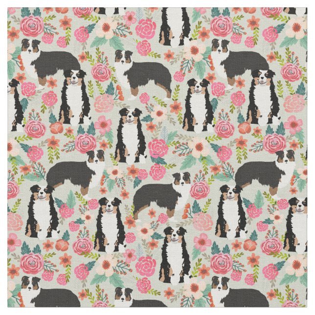 Trifärgad Aussie hund vintage blommigt kräm Tyg (Närbild)