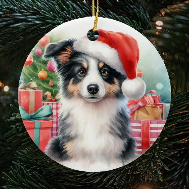 Trifärgad Gräns Collie Puppy-jul Julgransprydnad Keramik (Skapare uppladdad)