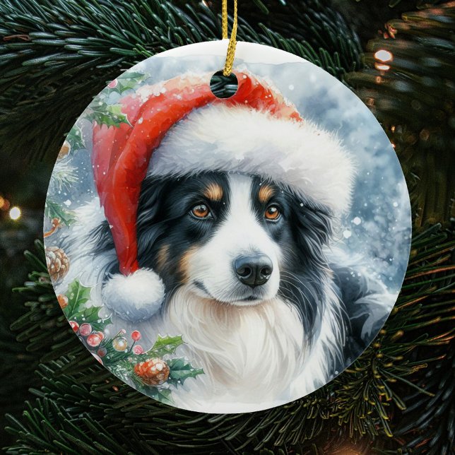 Trifärgad Gräns Collie Santa Hat-jul Julgransprydnad Keramik (Skapare uppladdad)