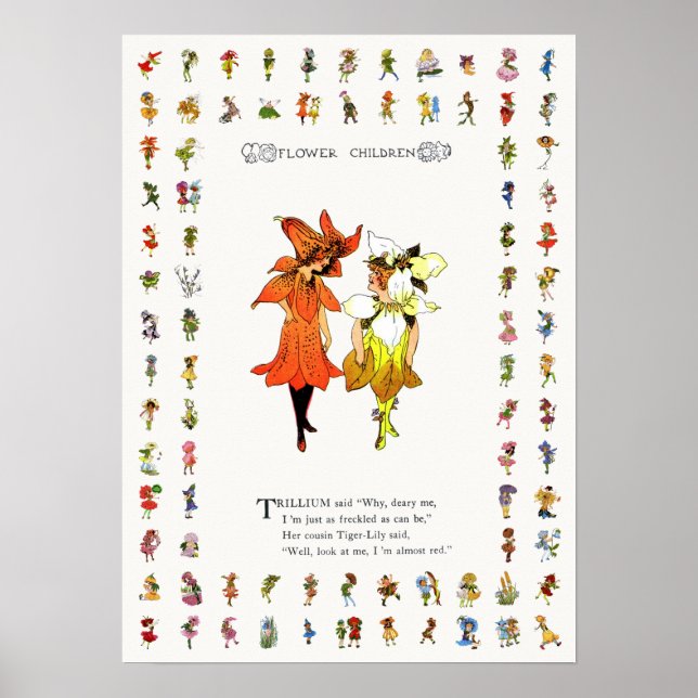 Trillium och Tiger-Lily, Whimsical Flower Bok Art Poster (Framsidan)