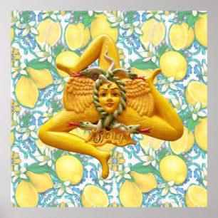 Trinacria Sicily Lemons Wall Art Artwork Blue Tile Poster