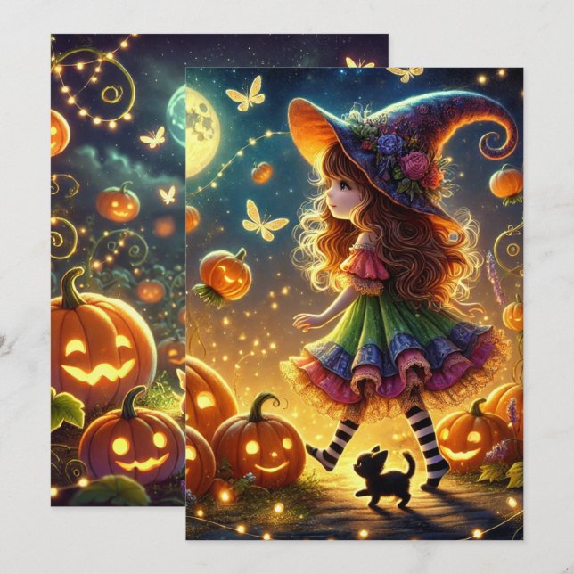 Trintable Cute Whimsical Witch Halloween Pumpkins Inbjudningar (Fram/baksida)