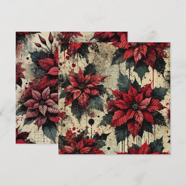Trintable Grungy Poinsettia Newsprint Skrapbook Inbjudningar (Fram/baksida)