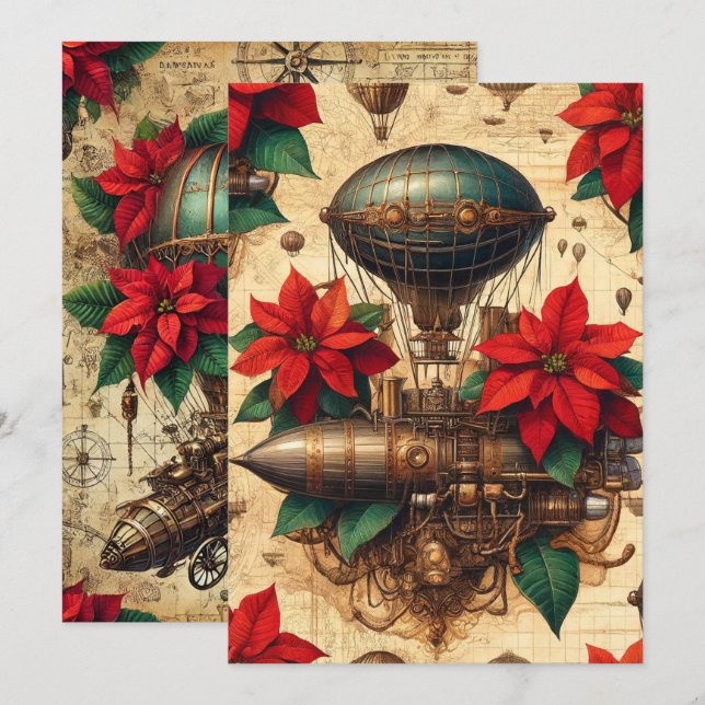 Trintable Steampunk Airship med Poinsettia Inbjudningar (Fram/baksida)