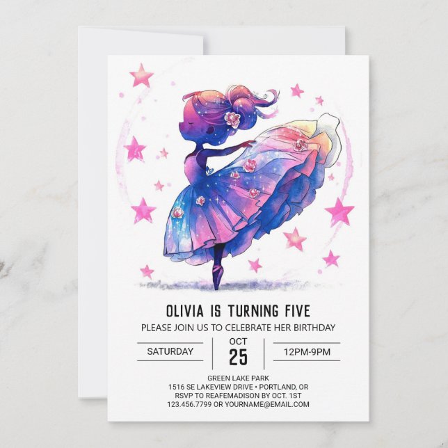 Trintable Watercolor Ballerina Birthday Inbjudningar (Framsida)