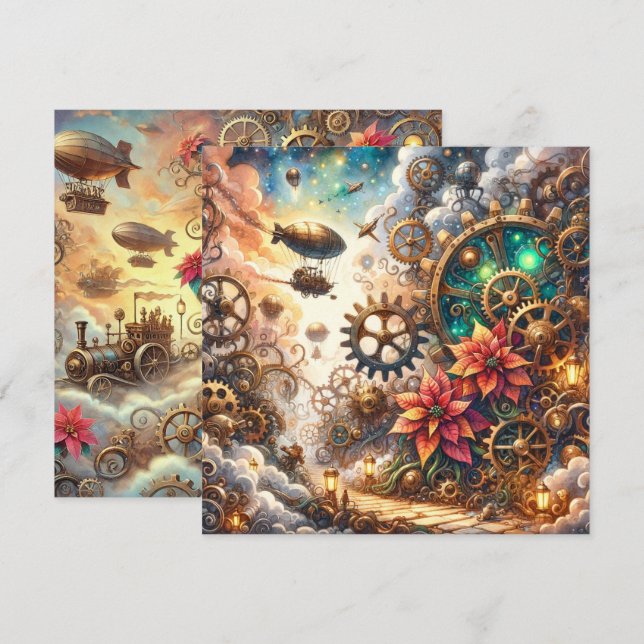 Trintable Whimsical Steampunk Poinsettia Scrapbook Inbjudningar (Fram/baksida)