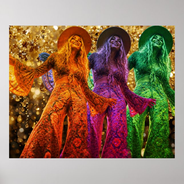 Trio av damer som disko dansar i klänning med kloc poster (Framsidan)