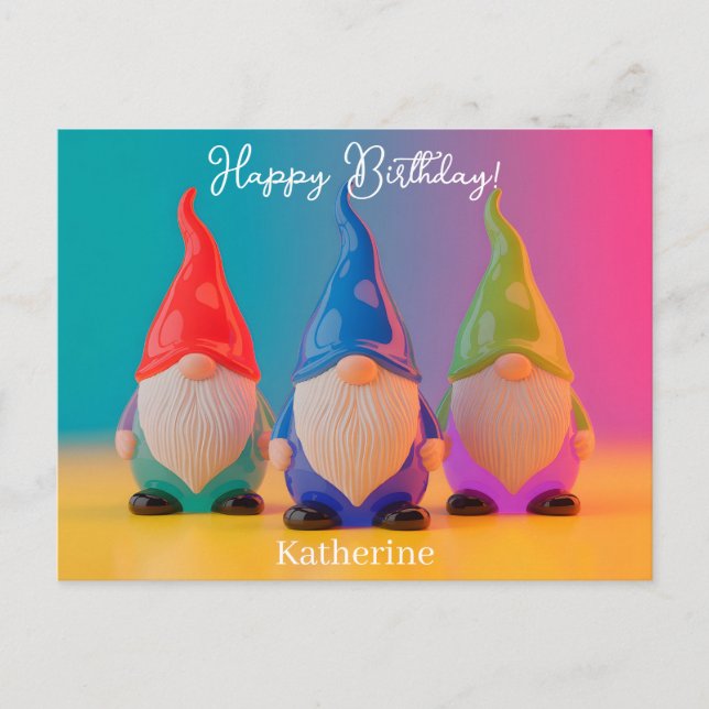 Trio av glänsande keramiska trädgårdstomtefigurer  vykort (Framsida)