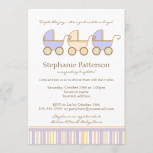 Trio Carriage Triplet Girl Boys Shower bjudning Inbjudningar