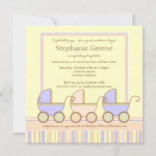 Trio Carriage Triplet Girl Boys Shower bjudning Inbjudningar