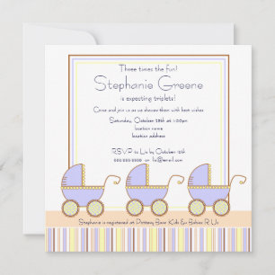 Trio Carriage Triplets Boy Baby Shower Inbjudan