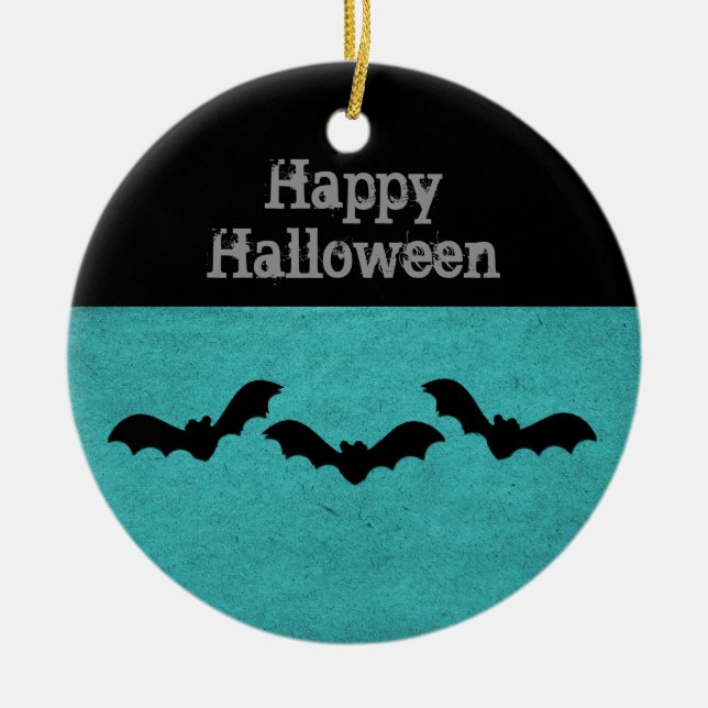 Trio Fladdermöss Halloween Ornament, Teal Julgransprydnad Keramik (Framsidan)