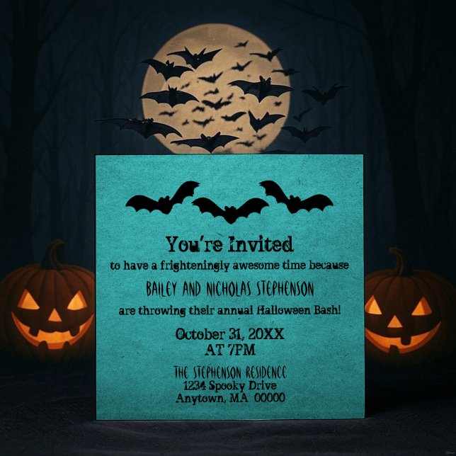 Trio Fladdermöss Inbjudan, Teal Inbjudningar (Teal Trio of Bats Halloween Party Invitation)