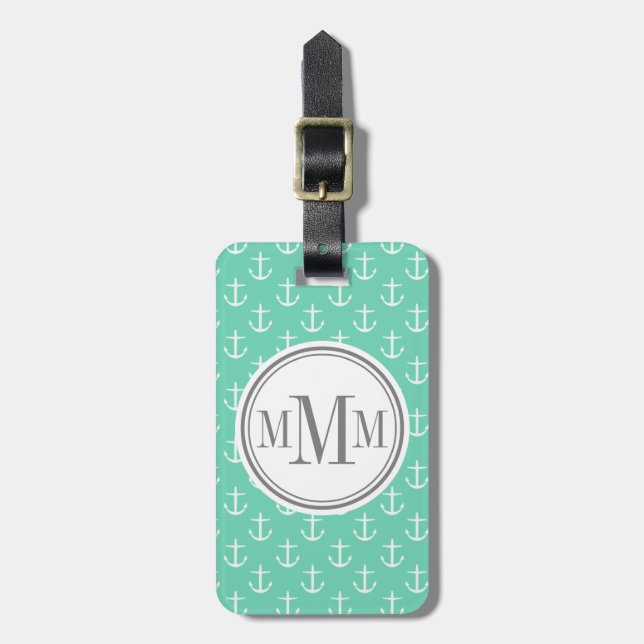 Trio Monogram Mint White Anchor Mönster Bagagebricka (Vertikal Framsida)