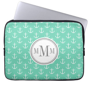 Trio Monogram Mint White Anchor Mönster Laptop Fodral