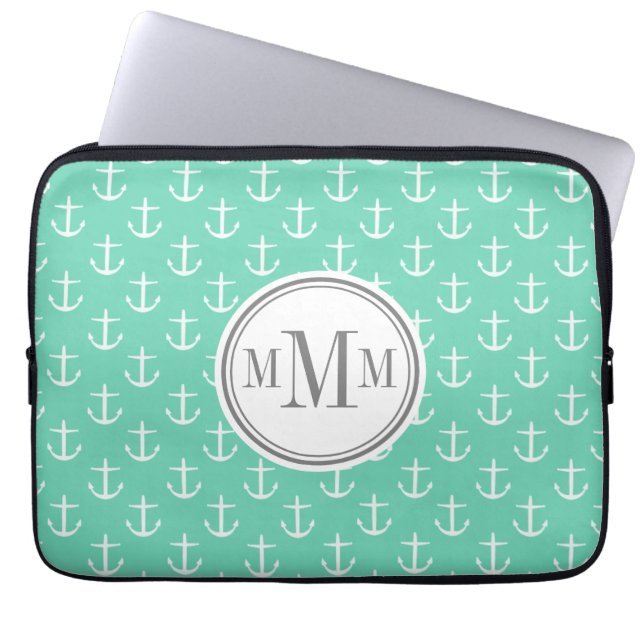 Trio Monogram Mint White Anchor Mönster Laptop Fodral (Framsidan)