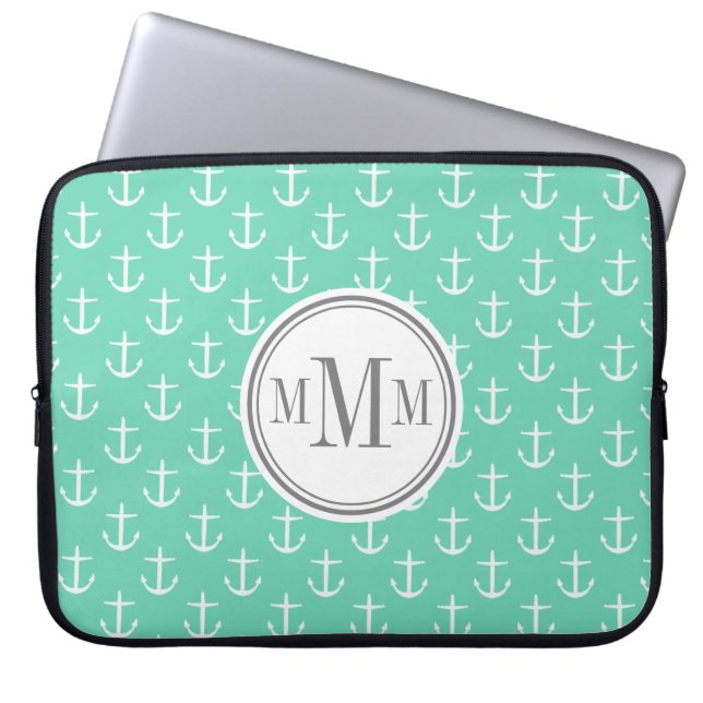 Trio Monogram Mint White Anchor Mönster Laptop Fodral (Framsidan)