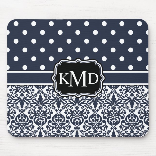 Trio Monogrammed Navy Damask Musmatta (Framsidan)