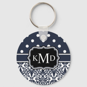 Trio Monogrammed Navy Damask Nyckelring
