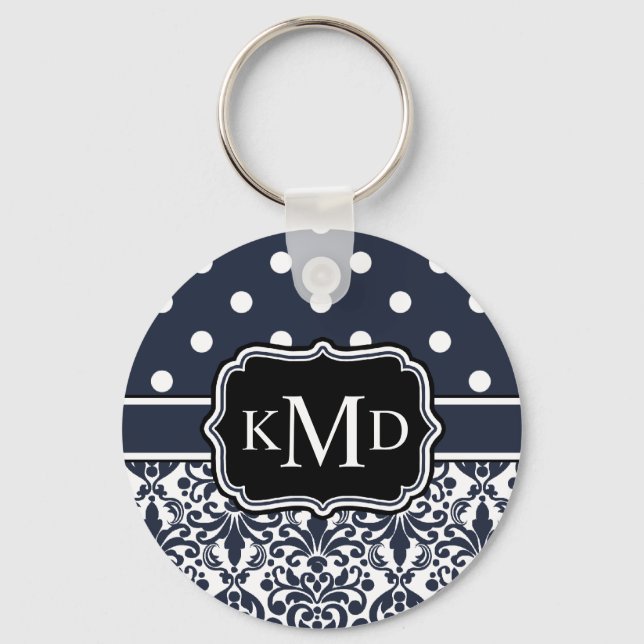 Trio Monogrammed Navy Damask Nyckelring (Framsida)