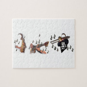 Trio, musiker, abstrakt, gitarr, trombone, sax pussel