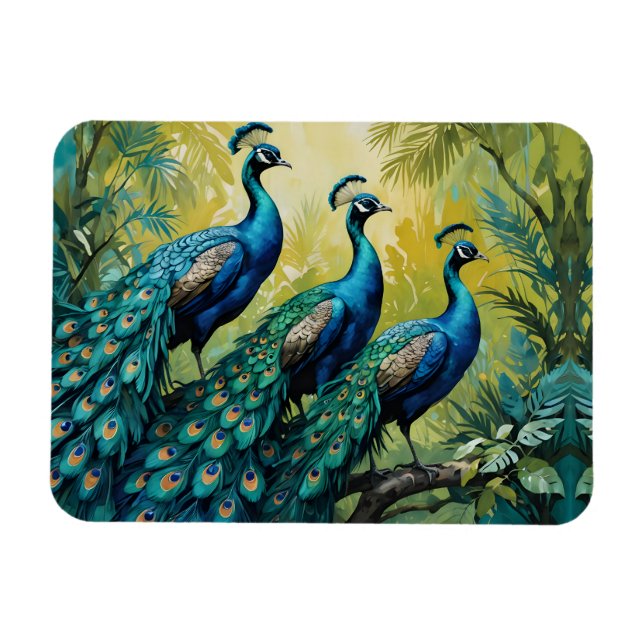 Trio Peacocks i djungelskogen Magnet (Horisontell)