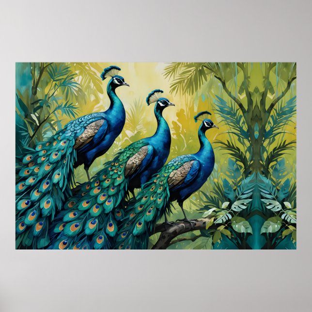 Trio Peacocks i djungelskogen Poster (Framsidan)