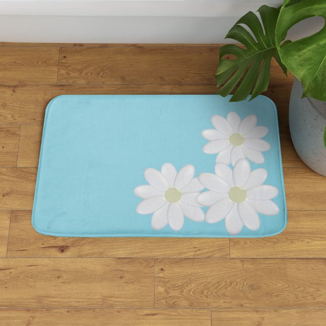 Trio White Daisy Flowers Aqua Blue Bath Mat Badrumsmatta (A trio of daisies on this aqua blue bath mat. )