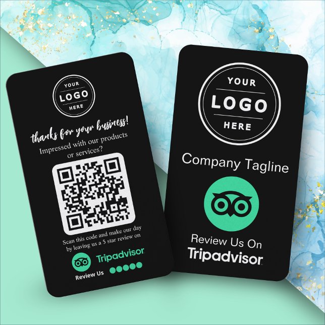 TripAdvisor Recensionsförfrågan med logotyp och QR Visitkort (TripAdvisor request with for 5 star reviews for a business)