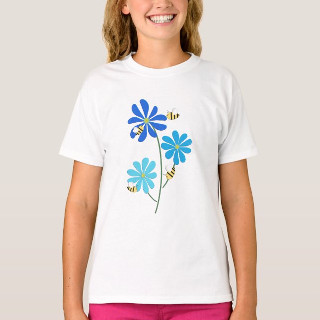 Triple Blåa blommor T-Shirt (Framsida)
