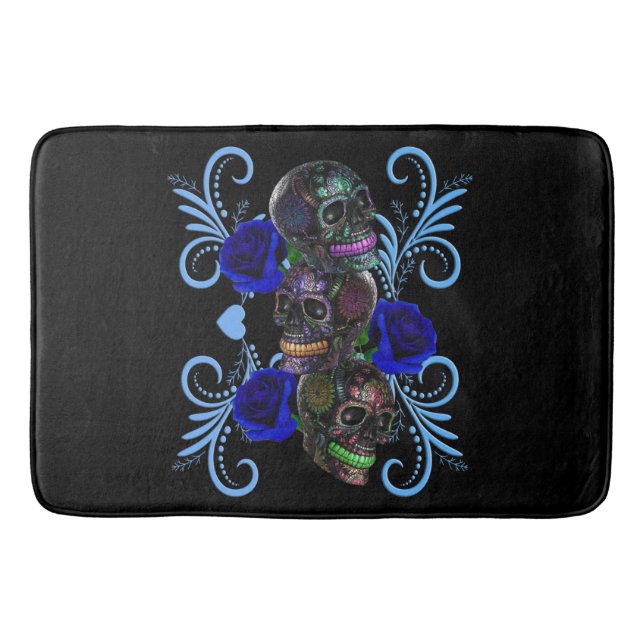 Triple Black Day of the dead Döskallar Blue Ro Badrumsmatta (Framsidan)