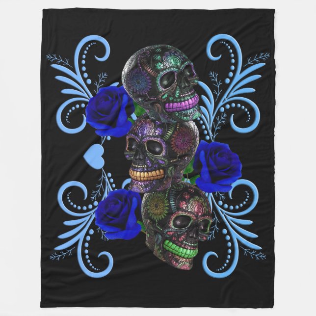 Triple Black Day of the dead Döskallar Blue Ro Fleecefilt (Framsidan)