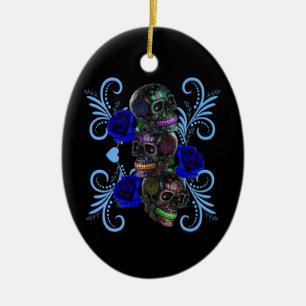 Triple Black Day of the dead Döskallar Blue Ro Julgransprydnad Keramik