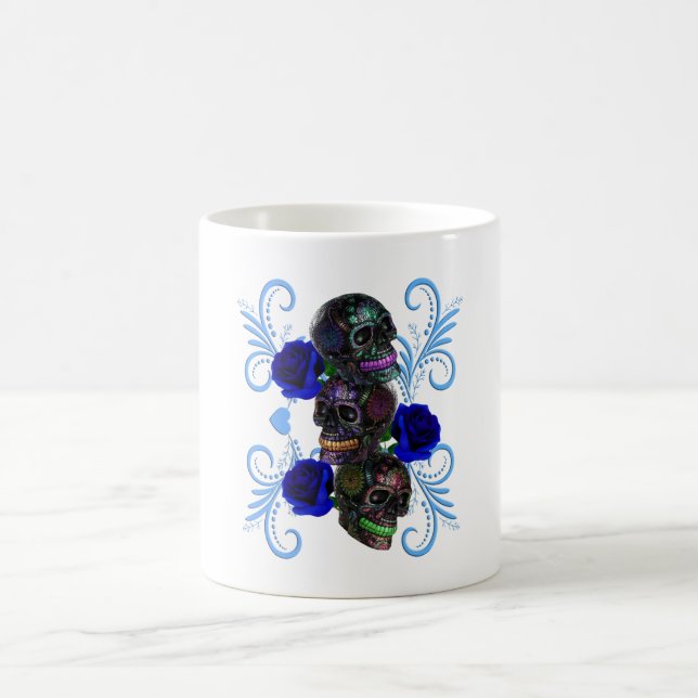 Triple Black Day of the dead Döskallar Blue Ro Kaffemugg (Center)