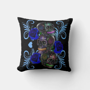 Triple Black Day of the dead Döskallar Blue Ro Kudde