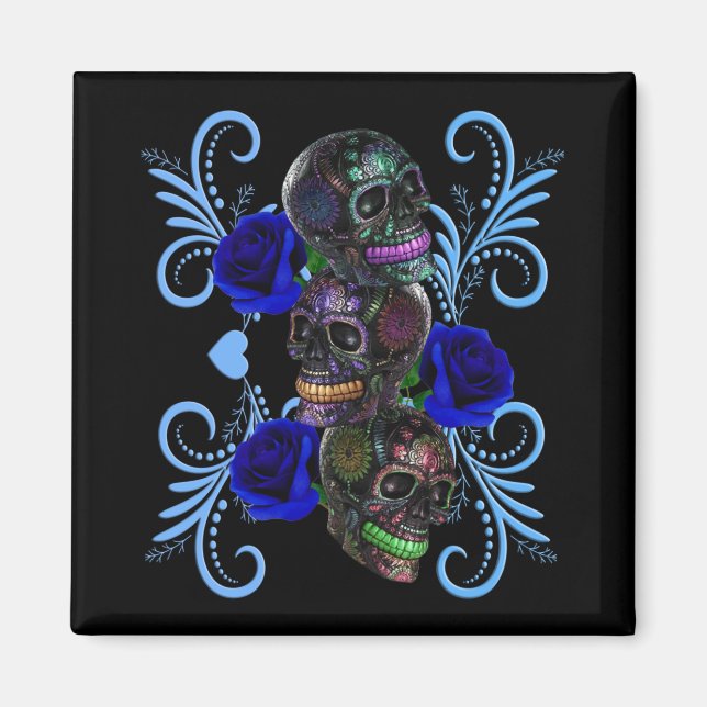 Triple Black Day of the dead Döskallar Blue Ro Magnet (Framsidan)