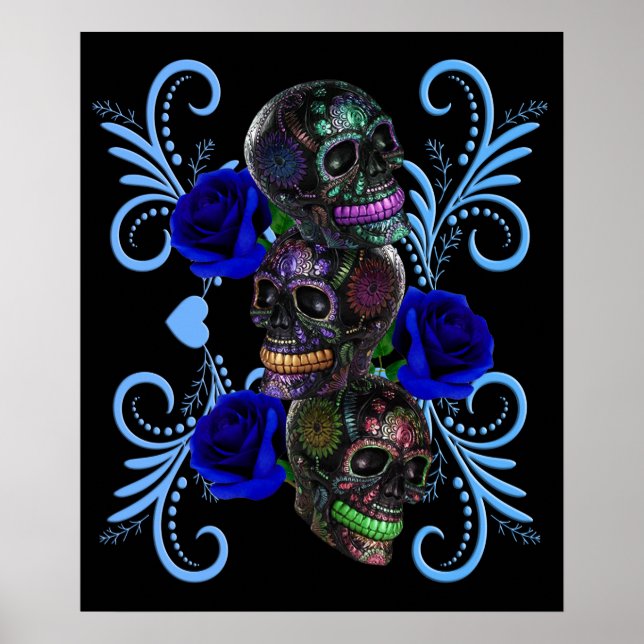 Triple Black Day of the dead Döskallar Blue Ro Poster (Framsidan)