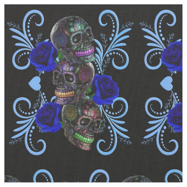 Triple Black Day of the dead Döskallar Blue Ro Tyg (Närbild)