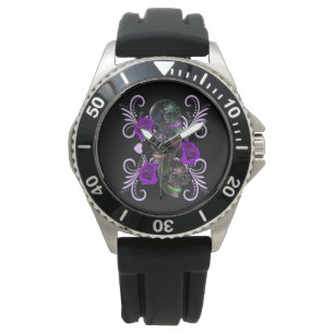 Triple Black Day of the dead Döskallar Lila Ro Armbandsur