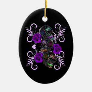 Triple Black Day of the dead Döskallar Lila Ro Julgransprydnad Keramik