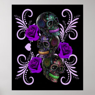 Triple Black Day of the dead Döskallar Lila Ro Poster