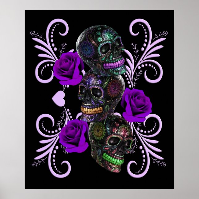Triple Black Day of the dead Döskallar Lila Ro Poster (Framsidan)