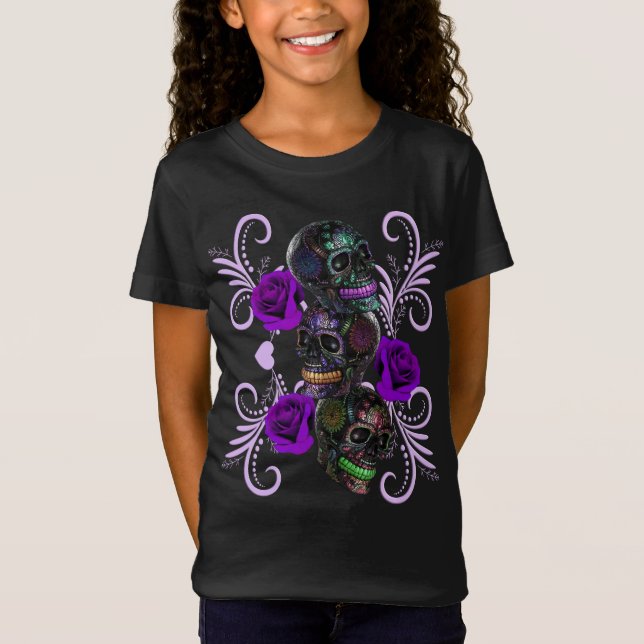 Triple Black Day of the dead Döskallar Lila Ro T Shirt (Framsida)