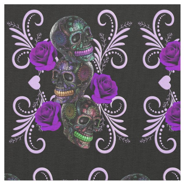 Triple Black Day of the dead Döskallar Lila Ro Tyg (Närbild)