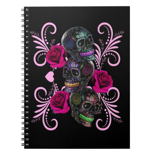 Triple Black Day of the dead Döskallar Rosa ros Anteckningsbok (Framsidan)