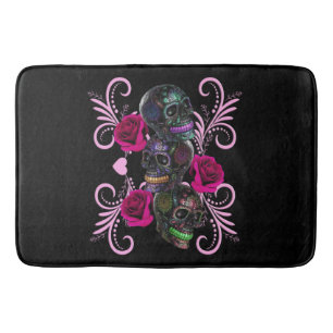 Triple Black Day of the dead Döskallar Rosa ros Badrumsmatta