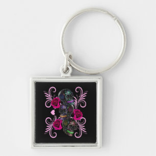 Triple Black Day of the dead Döskallar Rosa ros Fyrkantig Silverfärgad Nyckelring