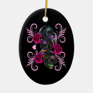 Triple Black Day of the dead Döskallar Rosa ros Julgransprydnad Keramik